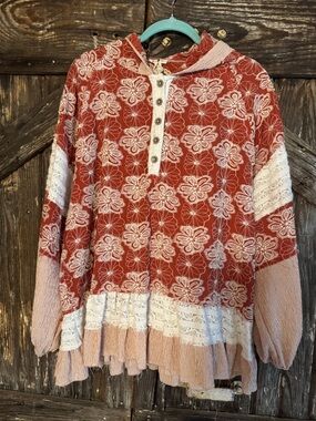 POL Rust Floral Button-Up Hooded Tunic with Cream & Blush Accents